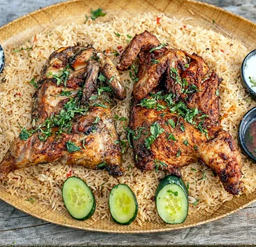 Mandi with roasted chicken and chutneys