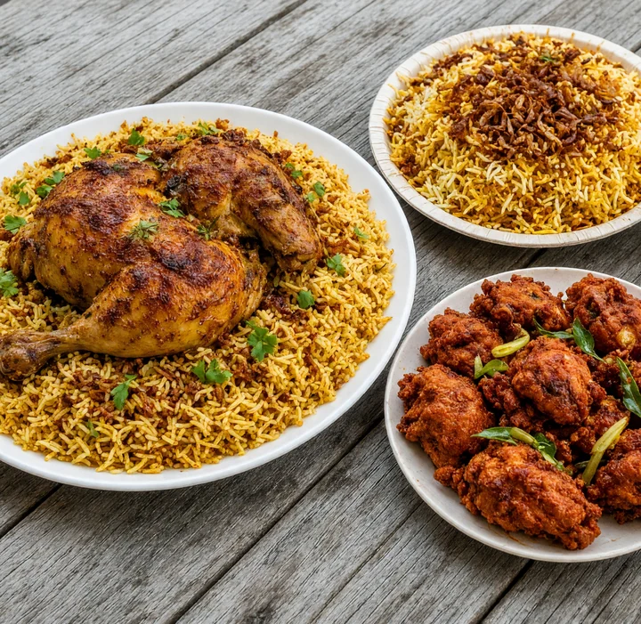 A Kerala and Arabic takeout spread with roasted chicken and sauces
