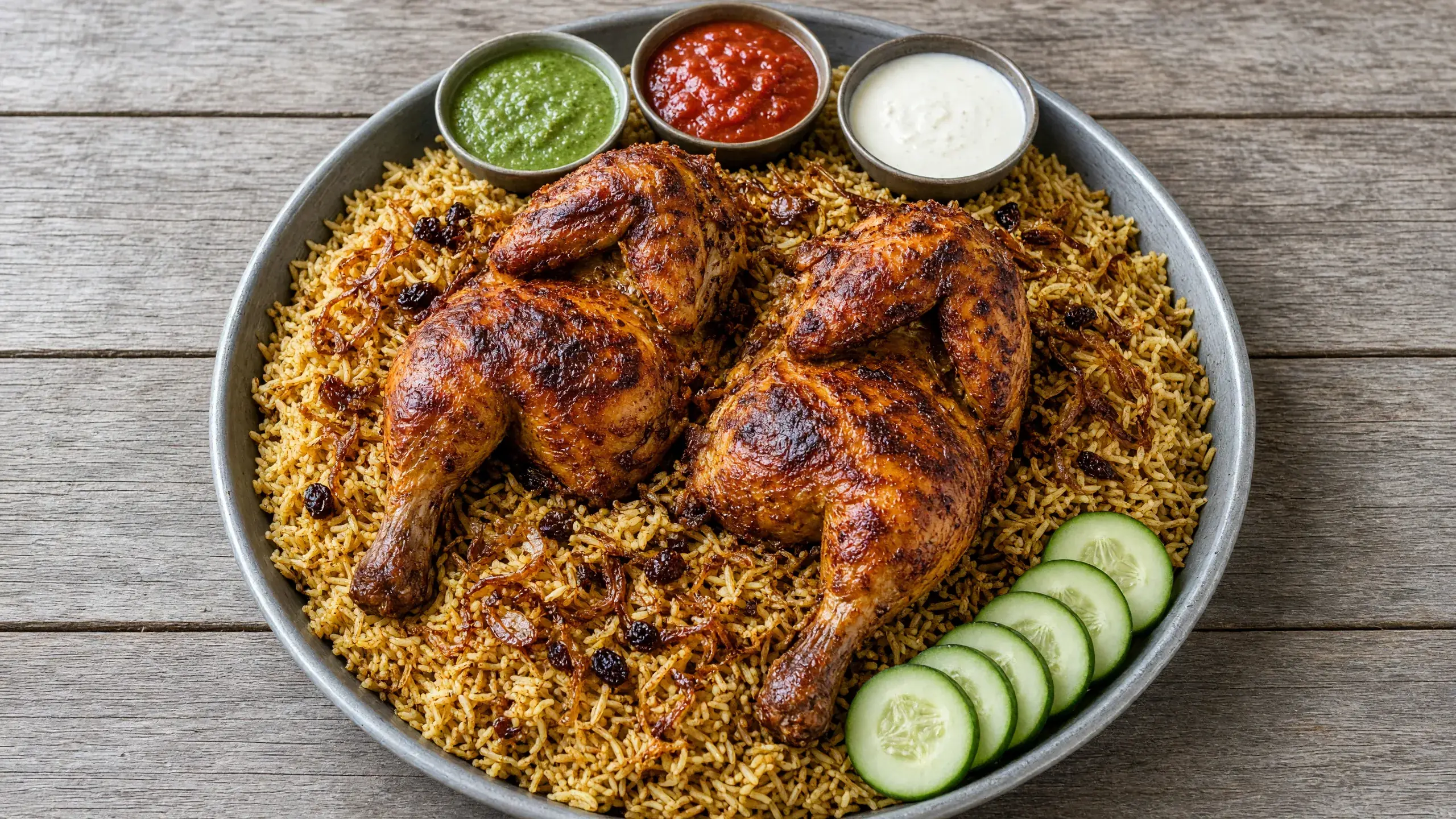 Mandi with roasted chicken, chutneys and garlic sauce on a shared platter