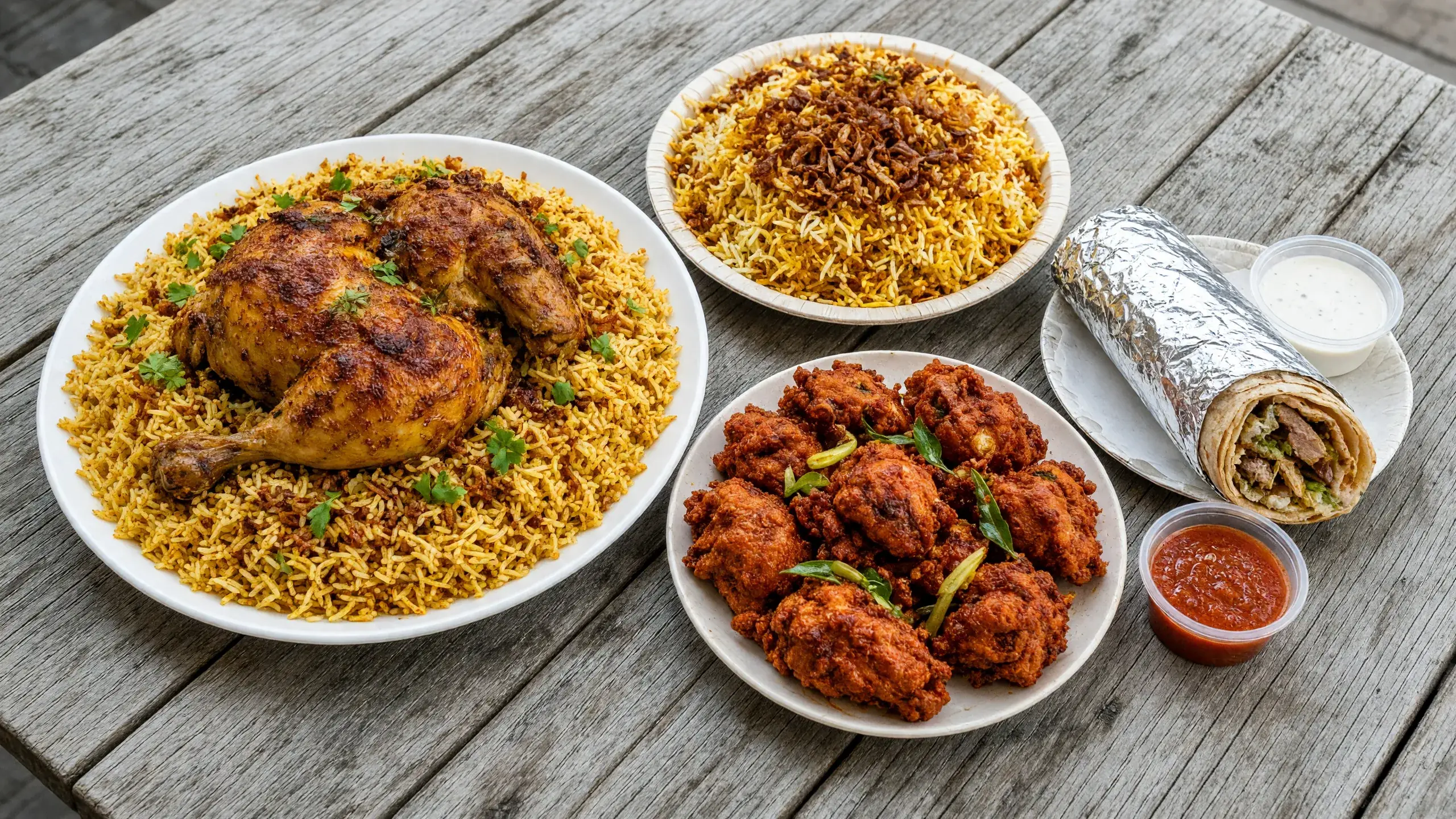 A Kerala and Arabic takeout spread with roasted chicken and sauces
